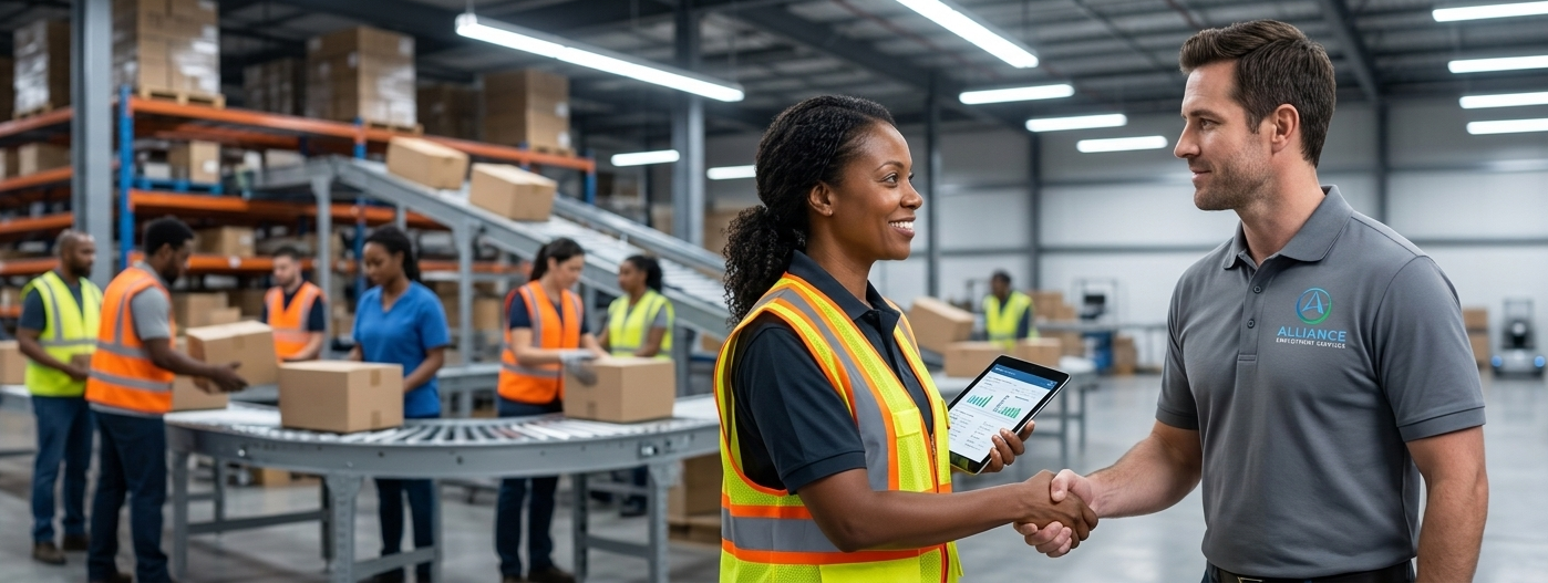 GTA warehouse manager shaking hands with an Alliance Employment staffing partner in Spring 2026